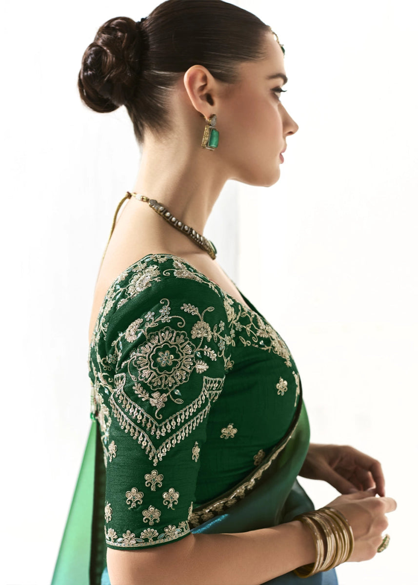 Shades Of Green Designer Tissue Organza Saree With All - Over Buttas And Hand Embroidered Blouse - House of Sarvati LLC
