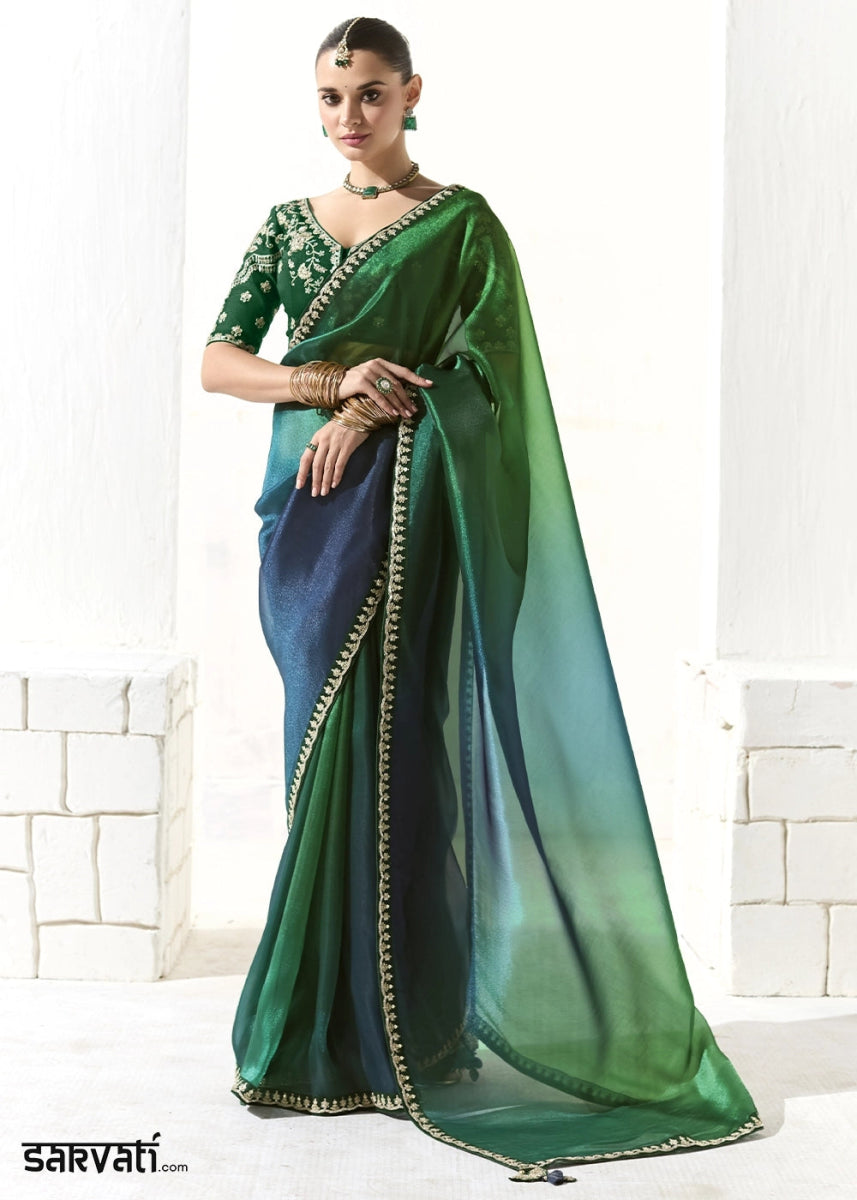 Shades Of Green Designer Tissue Organza Saree With All - Over Buttas And Hand Embroidered Blouse - House of Sarvati LLC