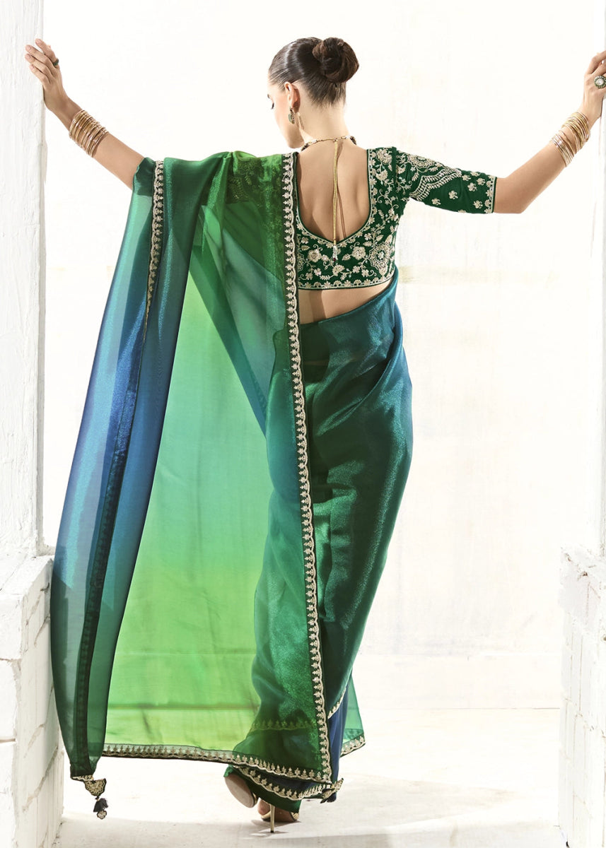 Shades Of Green Designer Tissue Organza Saree With All - Over Buttas And Hand Embroidered Blouse - House of Sarvati LLC
