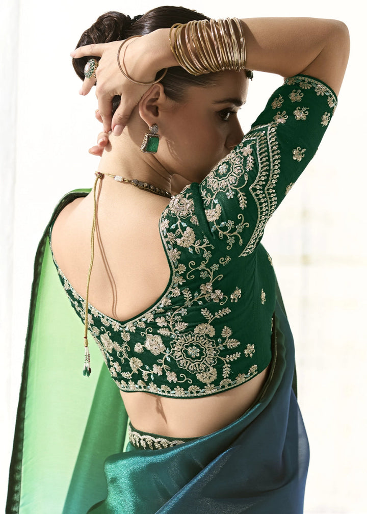 Shades Of Green Designer Tissue Organza Saree With All - Over Buttas And Hand Embroidered Blouse - House of Sarvati LLC