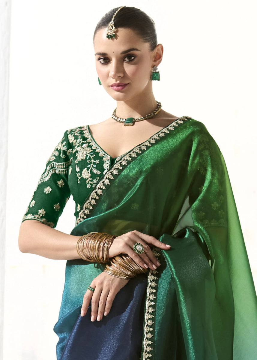 Shades Of Green Designer Tissue Organza Saree With All - Over Buttas And Hand Embroidered Blouse - House of Sarvati LLC