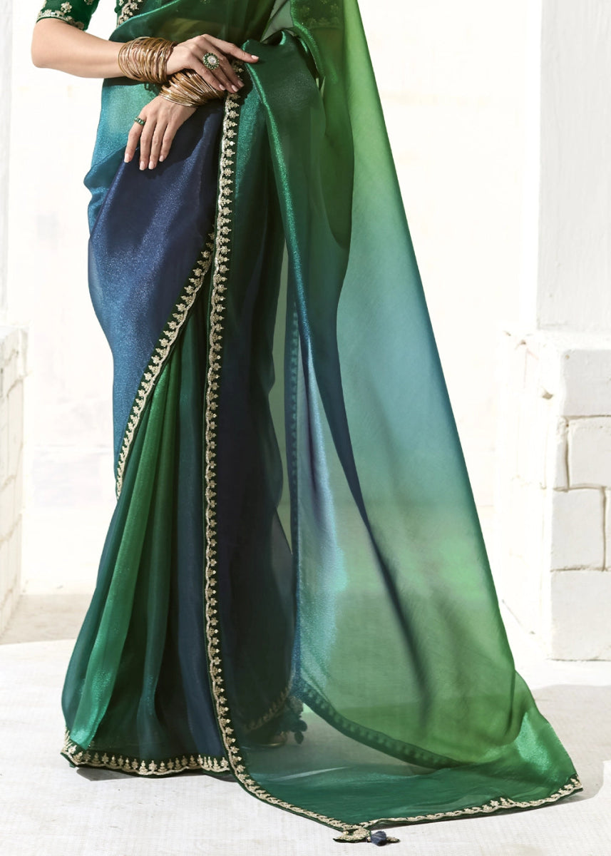 Shades Of Green Designer Tissue Organza Saree With All - Over Buttas And Hand Embroidered Blouse - House of Sarvati LLC