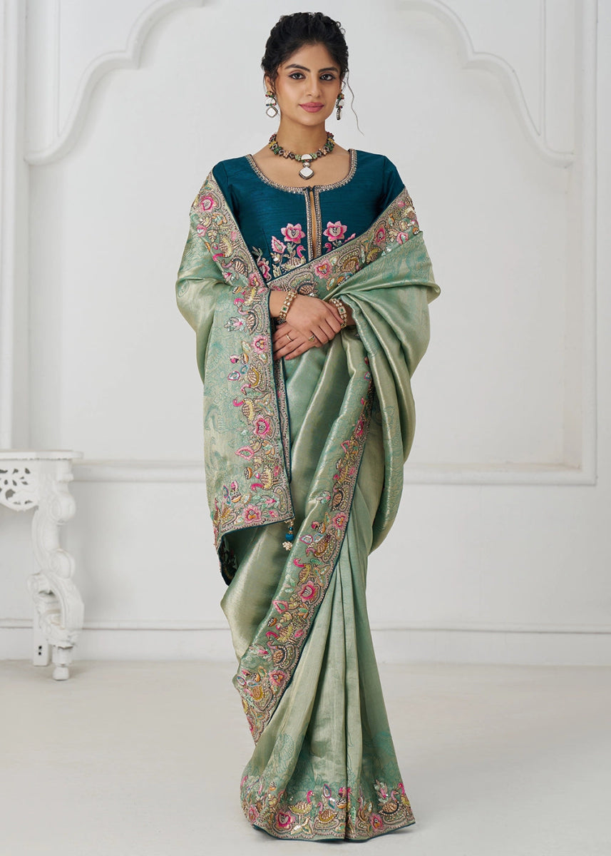 Shades Of Green Embroidered Viscose Dola Silk Saree With Sequin And Multi Thread Accents - House of Sarvati LLC