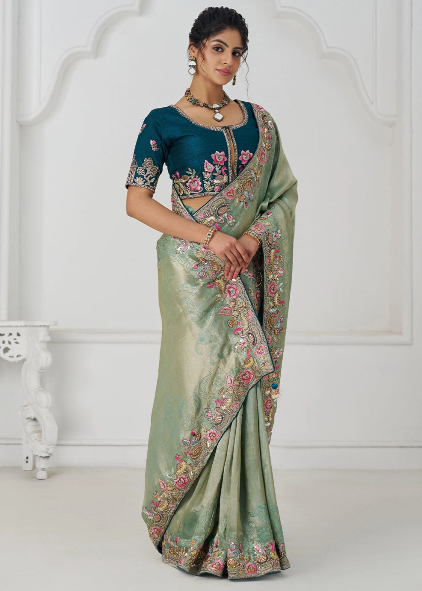 Shades Of Green Embroidered Viscose Dola Silk Saree With Sequin And Multi Thread Accents - House of Sarvati LLC