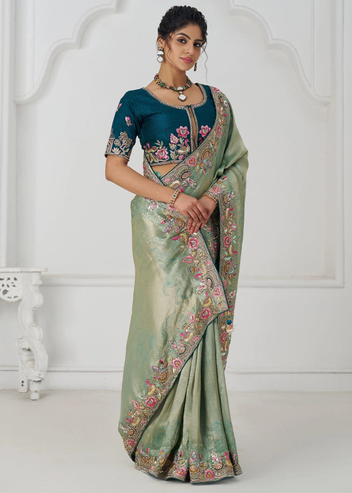 Shades Of Green Embroidered Viscose Dola Silk Saree With Sequin And Multi Thread Accents - House of Sarvati LLC