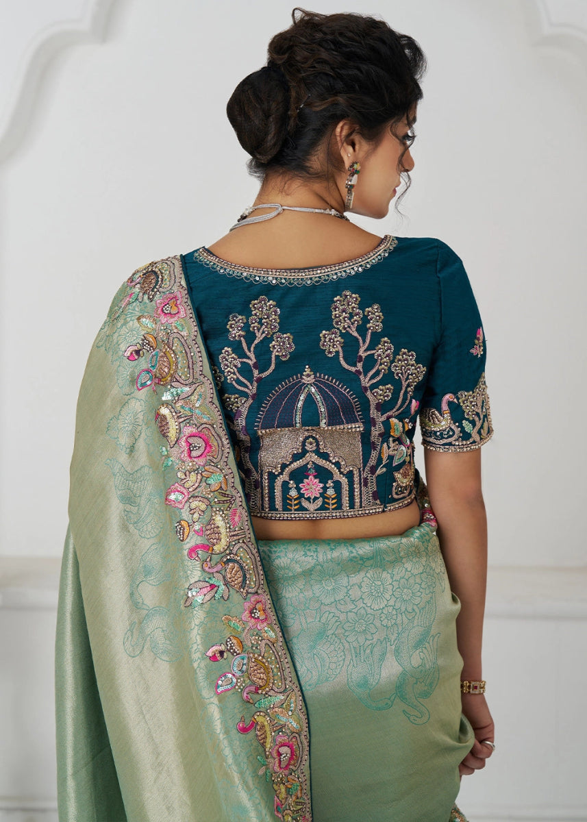 Shades Of Green Embroidered Viscose Dola Silk Saree With Sequin And Multi Thread Accents - House of Sarvati LLC