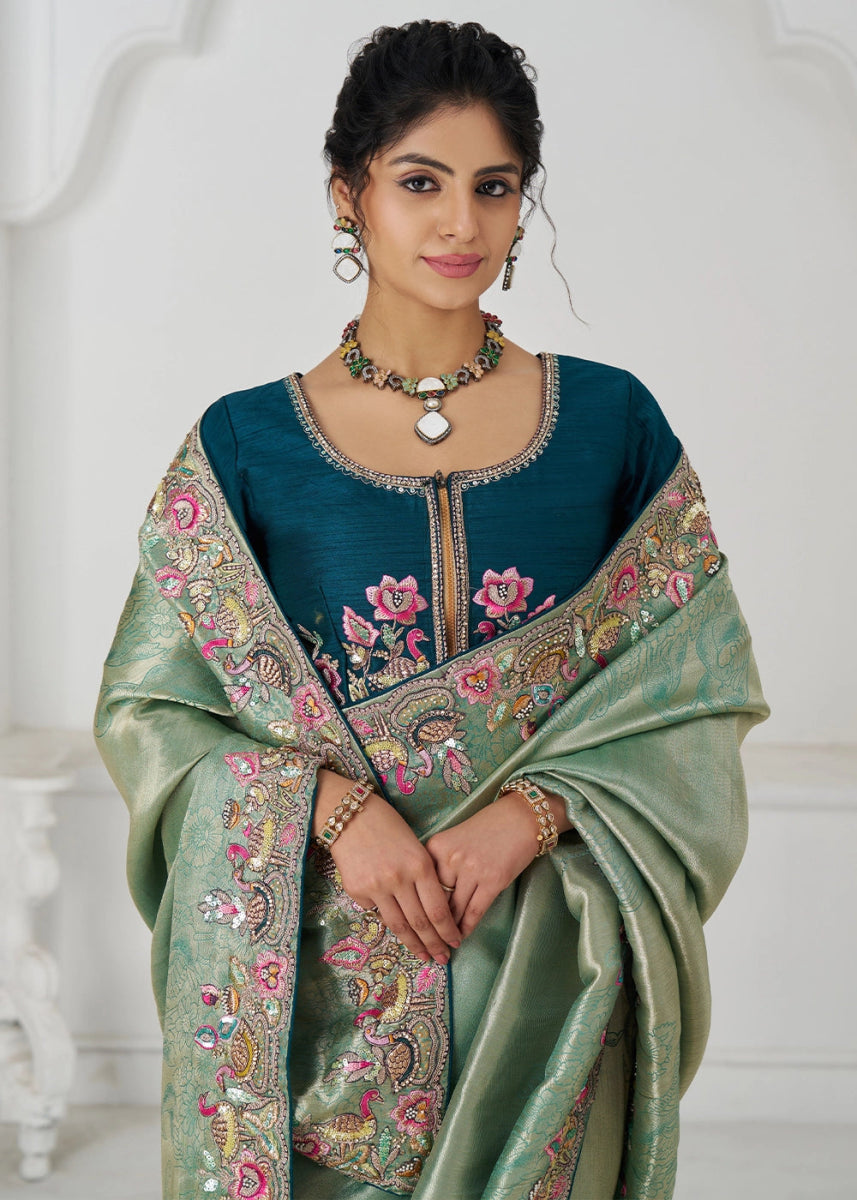Shades Of Green Embroidered Viscose Dola Silk Saree With Sequin And Multi Thread Accents - House of Sarvati LLC