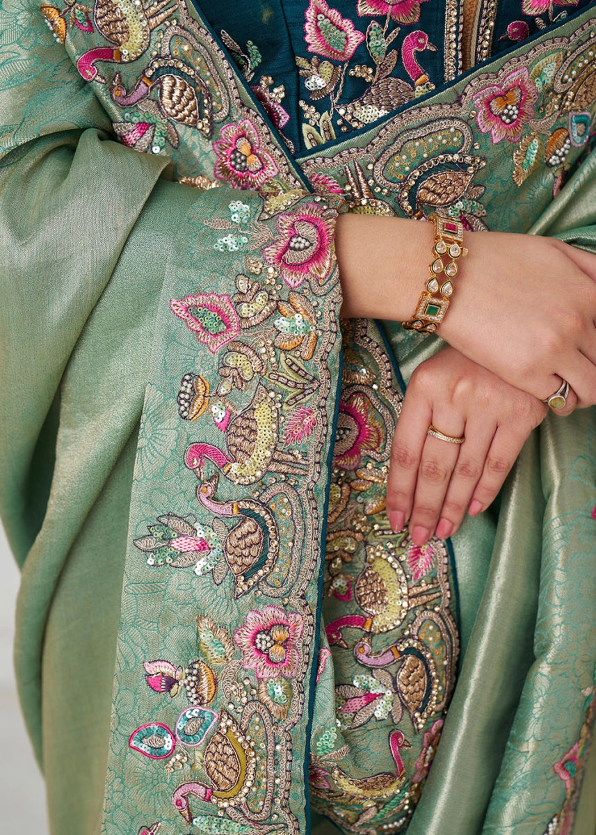 Shades Of Green Embroidered Viscose Dola Silk Saree With Sequin And Multi Thread Accents - House of Sarvati LLC
