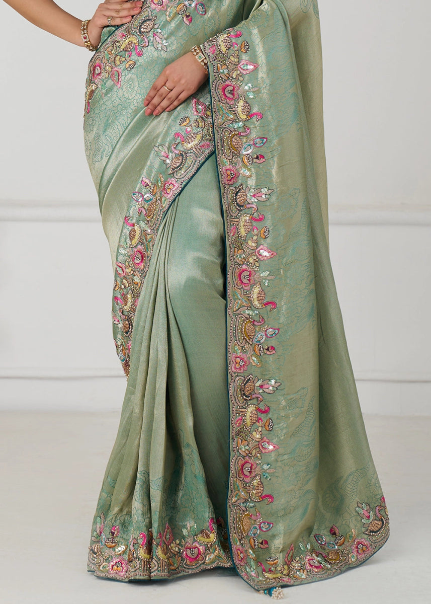 Shades Of Green Embroidered Viscose Dola Silk Saree With Sequin And Multi Thread Accents - House of Sarvati LLC
