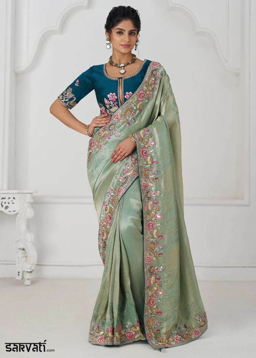 Shades Of Green Embroidered Viscose Dola Silk Saree With Sequin And Multi Thread Accents - House of Sarvati LLC