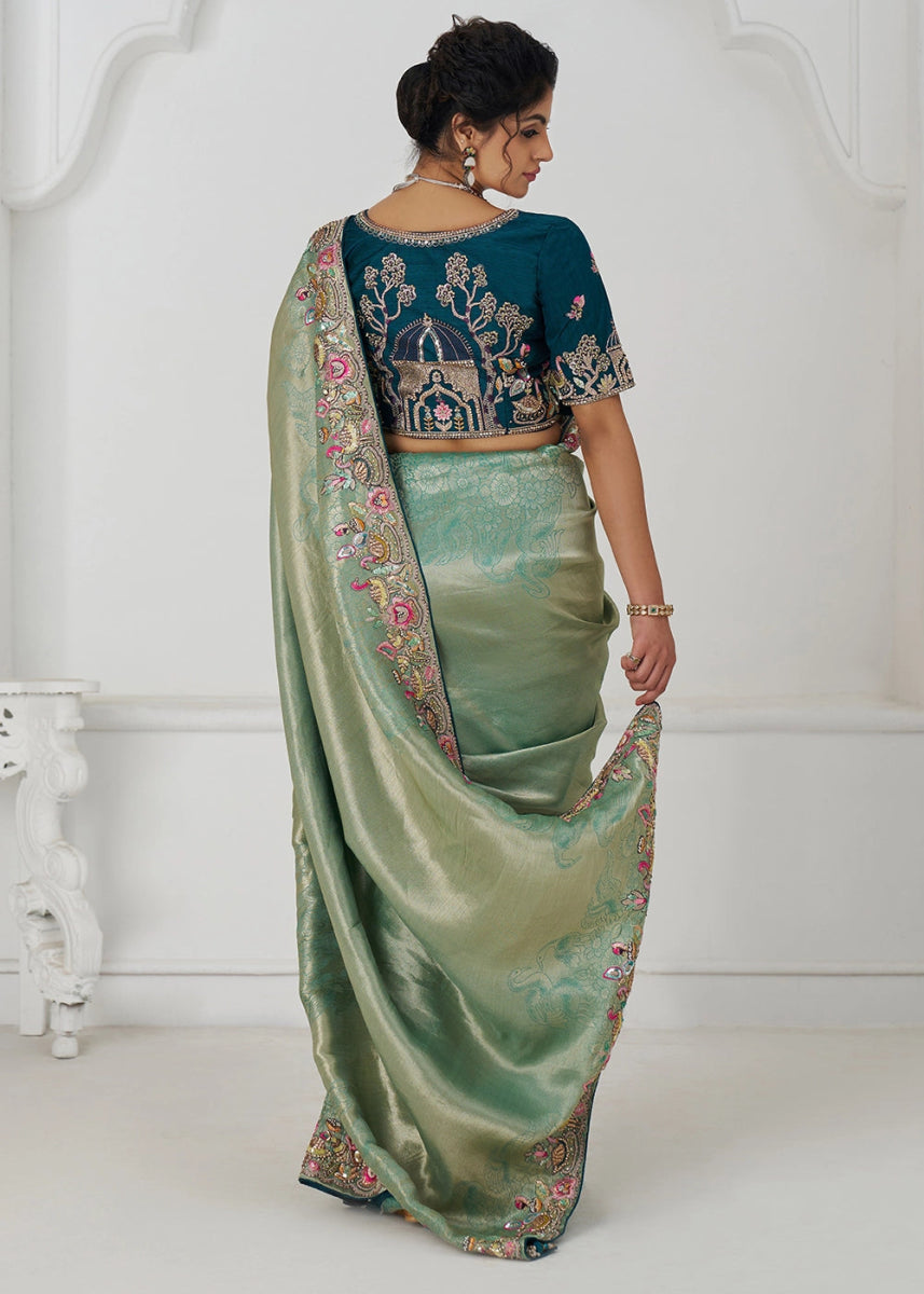 Shades Of Green Embroidered Viscose Dola Silk Saree With Sequin And Multi Thread Accents - House of Sarvati LLC