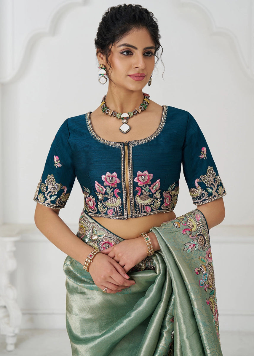 Shades Of Green Embroidered Viscose Dola Silk Saree With Sequin And Multi Thread Accents - House of Sarvati LLC