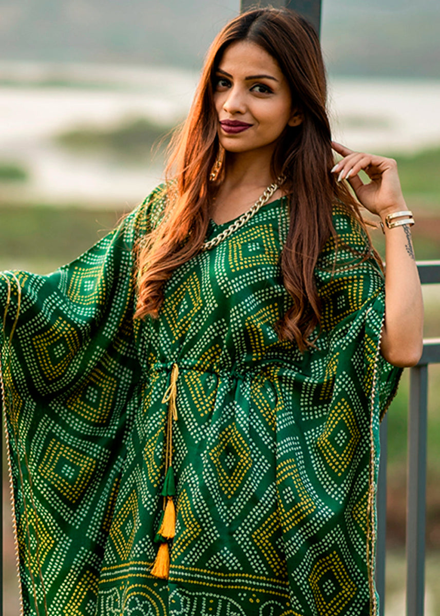 Shades Of Green Gaji Silk Kaftan with Gota Patti Lace and All - Over Bandhej Digital Print - House of Sarvati LLC