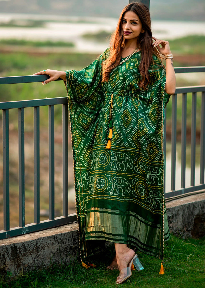 Shades Of Green Gaji Silk Kaftan with Gota Patti Lace and All - Over Bandhej Digital Print - House of Sarvati LLC