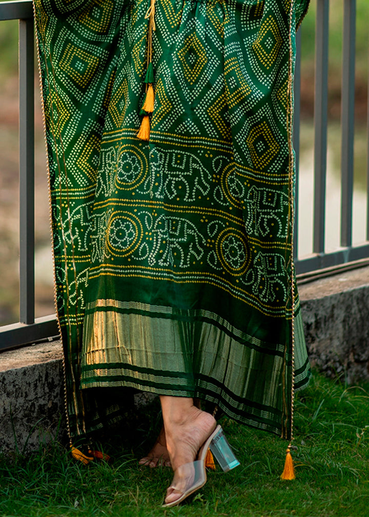 Shades Of Green Gaji Silk Kaftan with Gota Patti Lace and All - Over Bandhej Digital Print - House of Sarvati LLC