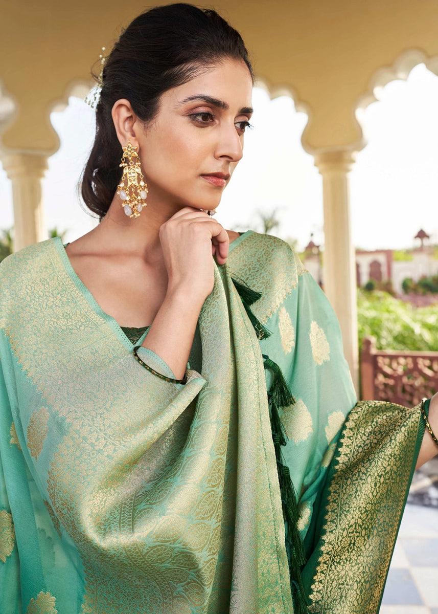 Shades Of Green Georgette Silk Saree with Ornate Zari Border & Pallu - House of Sarvati LLC
