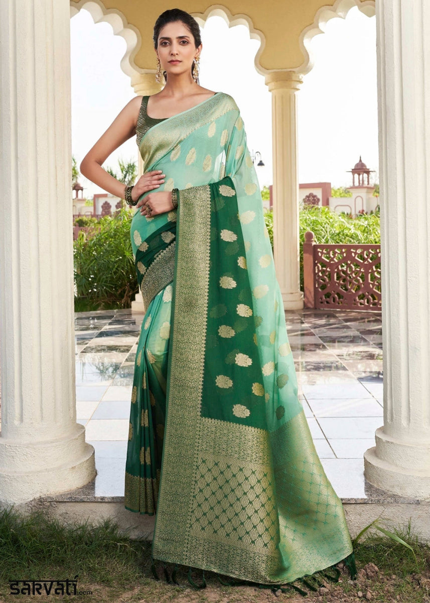 Shades Of Green Georgette Silk Saree with Ornate Zari Border & Pallu - House of Sarvati LLC