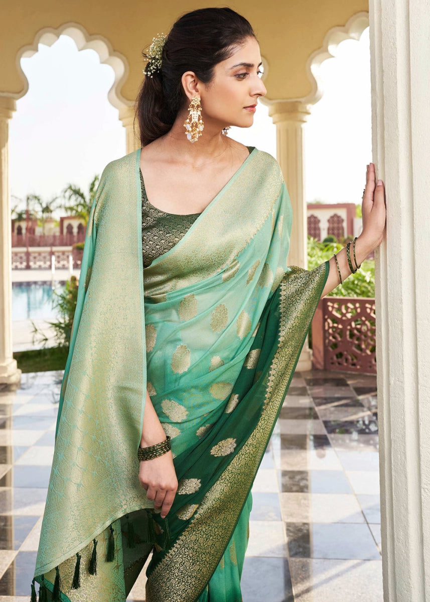 Shades Of Green Georgette Silk Saree with Ornate Zari Border & Pallu - House of Sarvati LLC