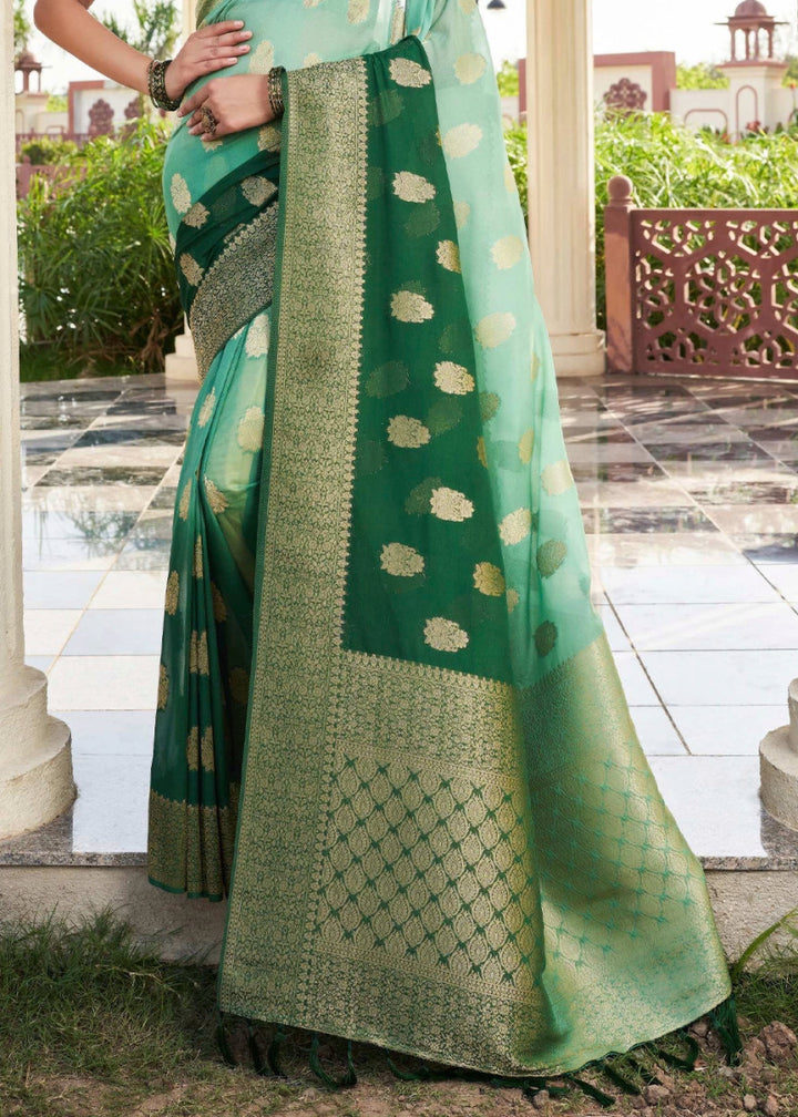 Shades Of Green Georgette Silk Saree with Ornate Zari Border & Pallu - House of Sarvati LLC