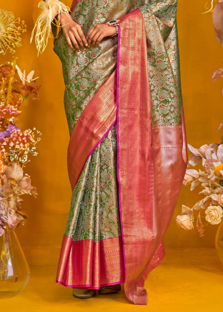 Shades Of Green Handloom Woven Kanjivaram Silk Saree with Zari Work - House of Sarvati LLC
