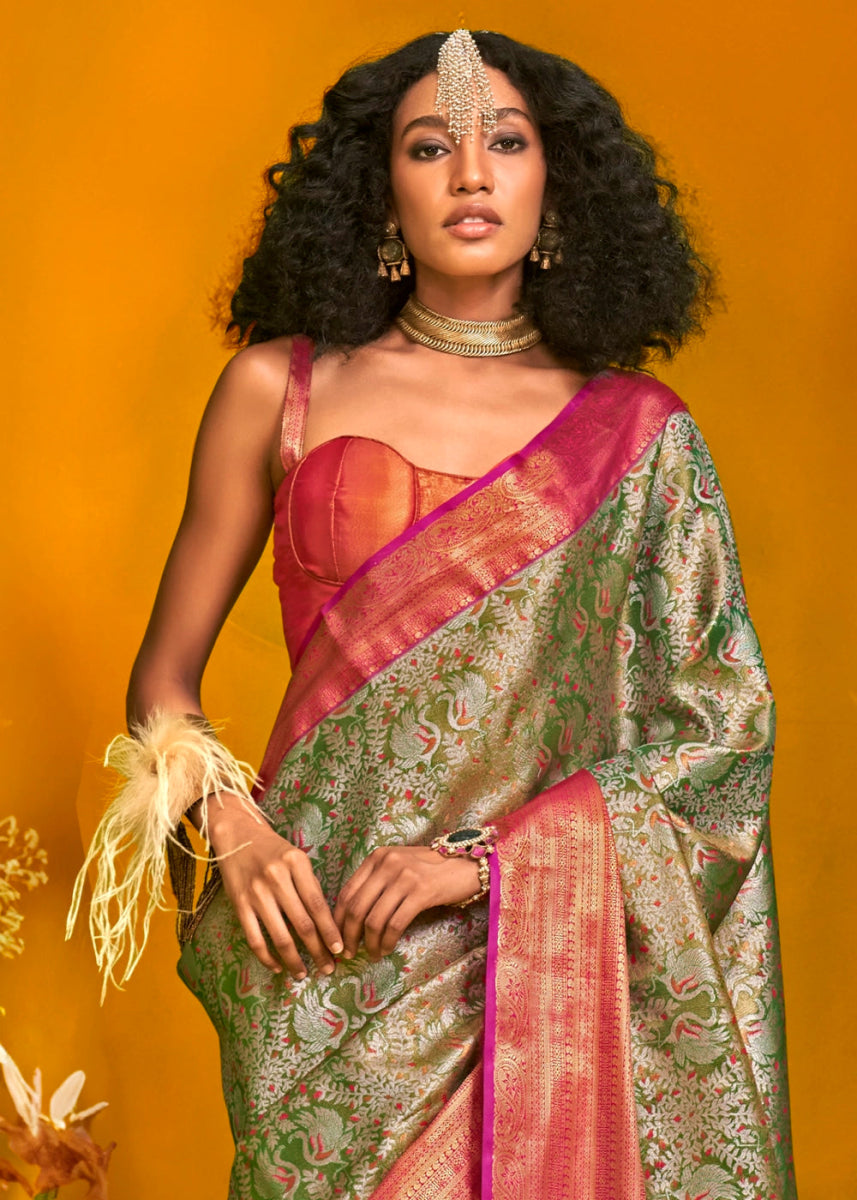 Shades Of Green Handloom Woven Kanjivaram Silk Saree with Zari Work - House of Sarvati LLC