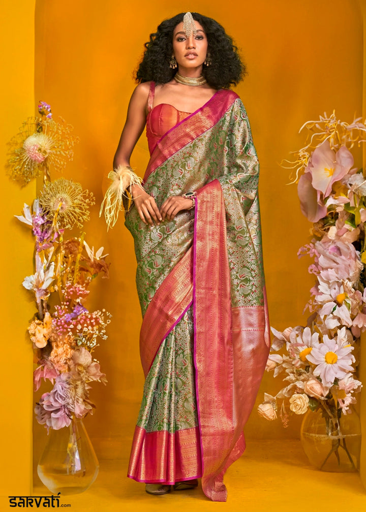 Shades Of Green Handloom Woven Kanjivaram Silk Saree with Zari Work - House of Sarvati LLC