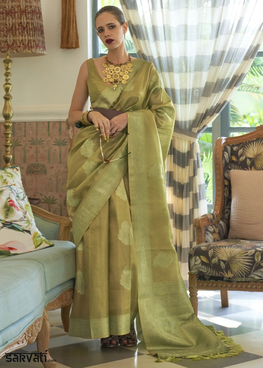 Shades Of Green Handwoven Tissue Silk Saree with Zari Accents - House of Sarvati LLC
