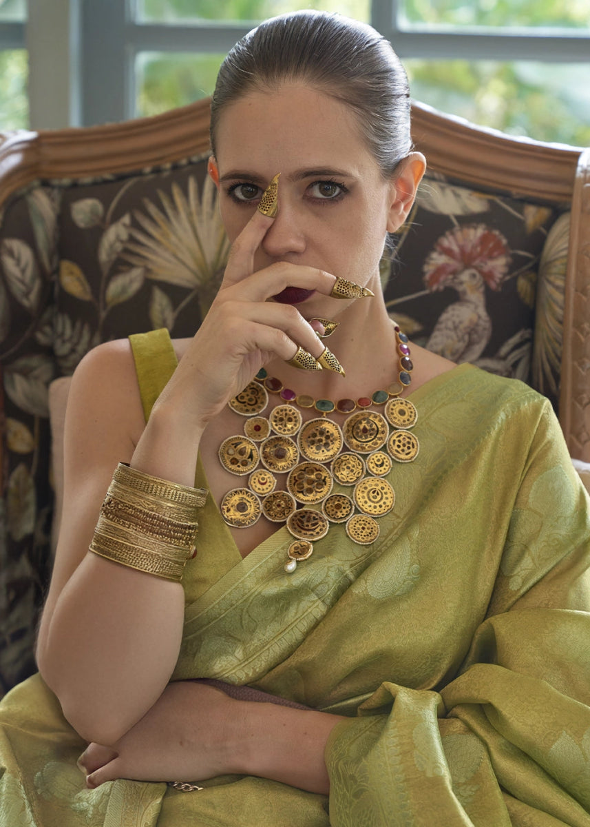 Shades Of Green Handwoven Tissue Silk Saree with Zari Accents - House of Sarvati LLC
