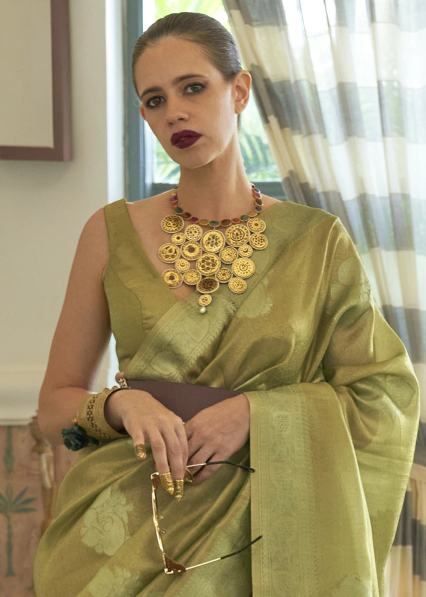 Shades Of Green Handwoven Tissue Silk Saree with Zari Accents - House of Sarvati LLC