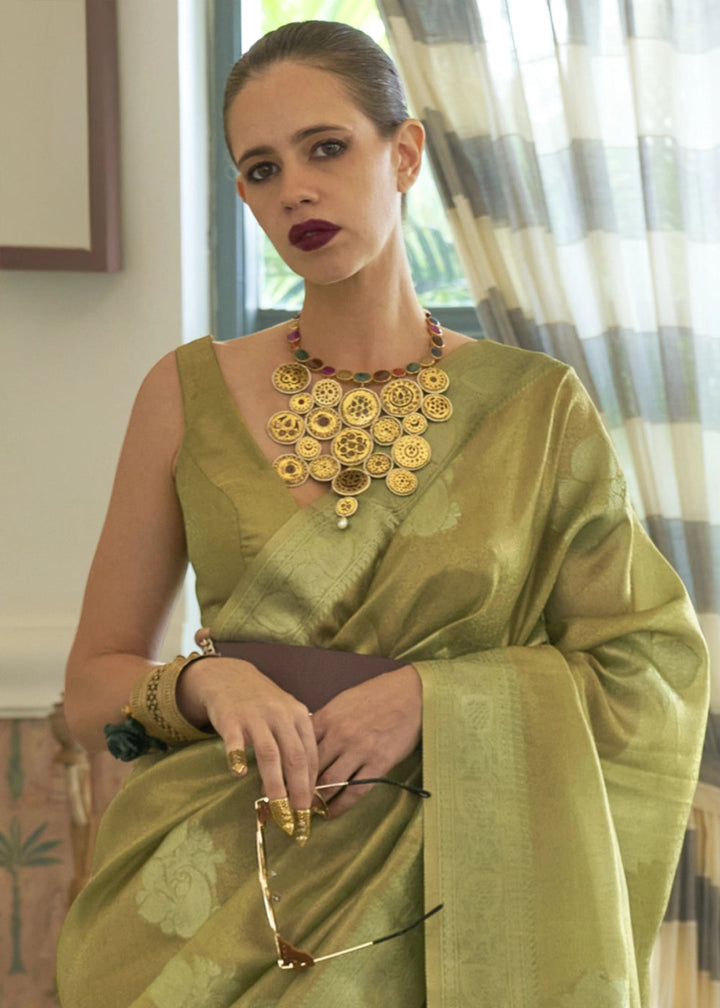 Shades Of Green Handwoven Tissue Silk Saree with Zari Accents - House of Sarvati LLC