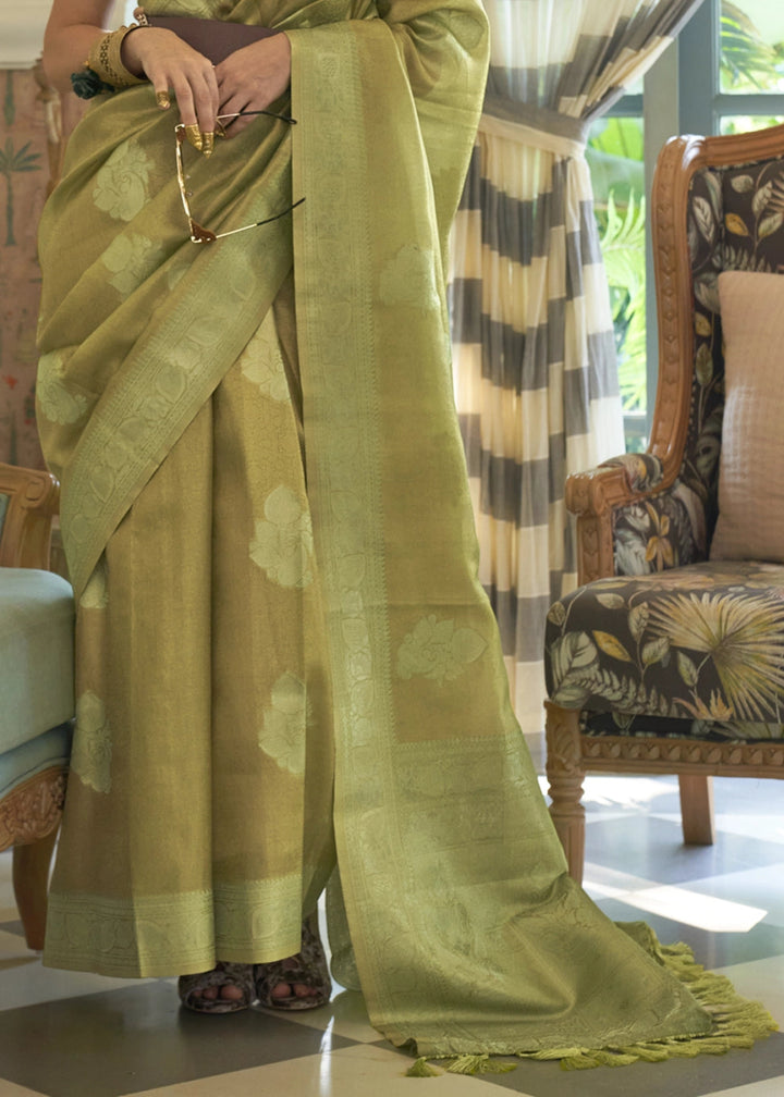 Shades Of Green Handwoven Tissue Silk Saree with Zari Accents - House of Sarvati LLC