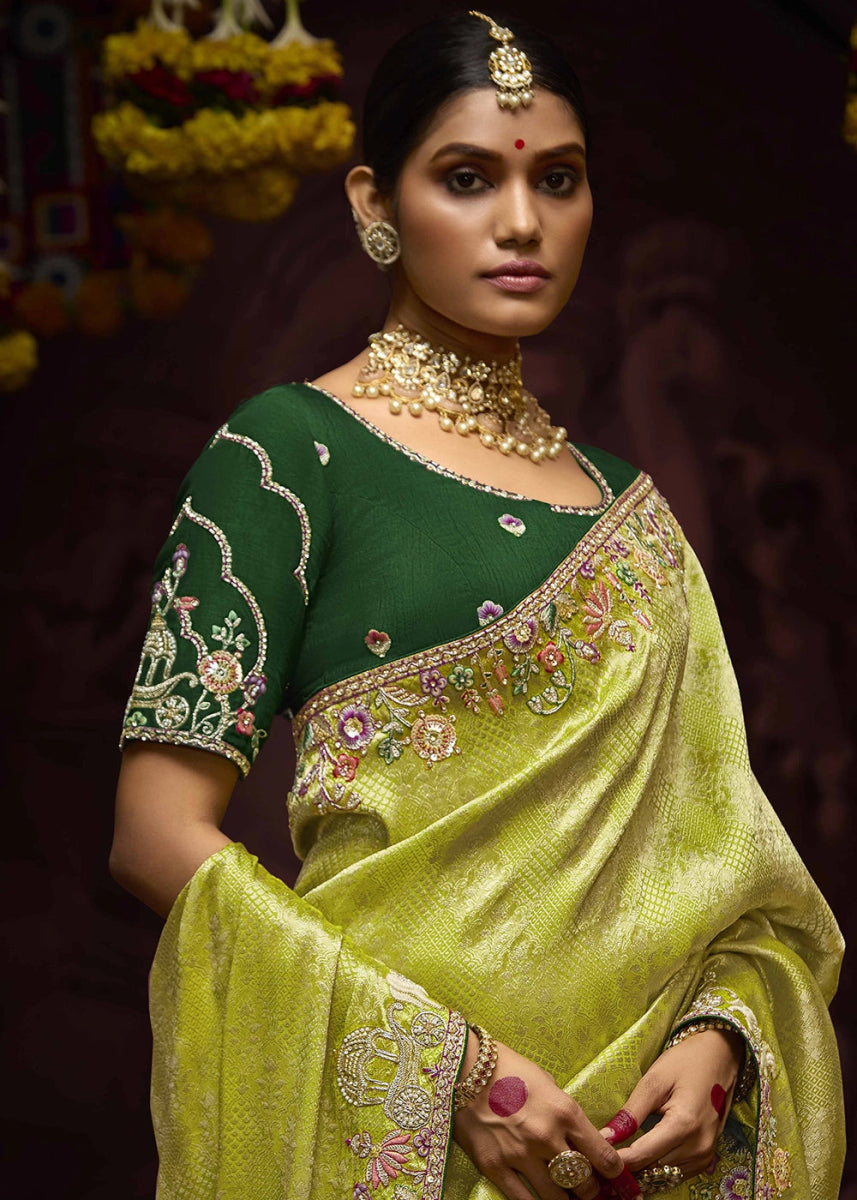 Shades Of Green Kanjivaram Silk Saree with Intricate Zari, Khatli, Sequin & Pearl Embroidery - House of Sarvati LLC