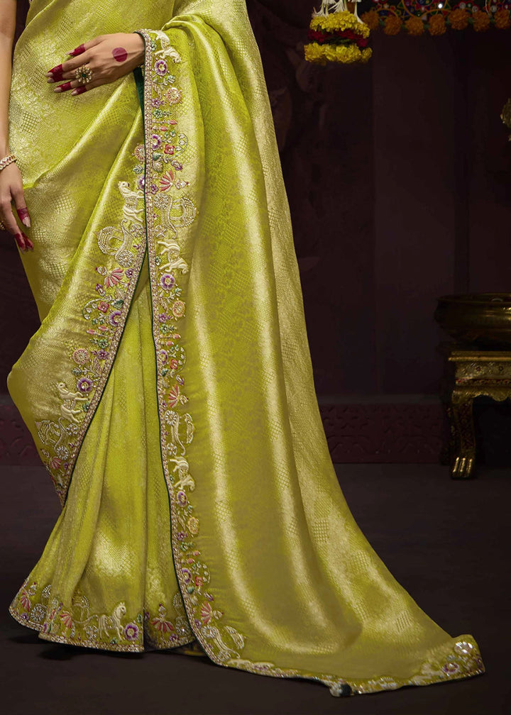 Shades Of Green Kanjivaram Silk Saree with Intricate Zari, Khatli, Sequin & Pearl Embroidery - House of Sarvati LLC