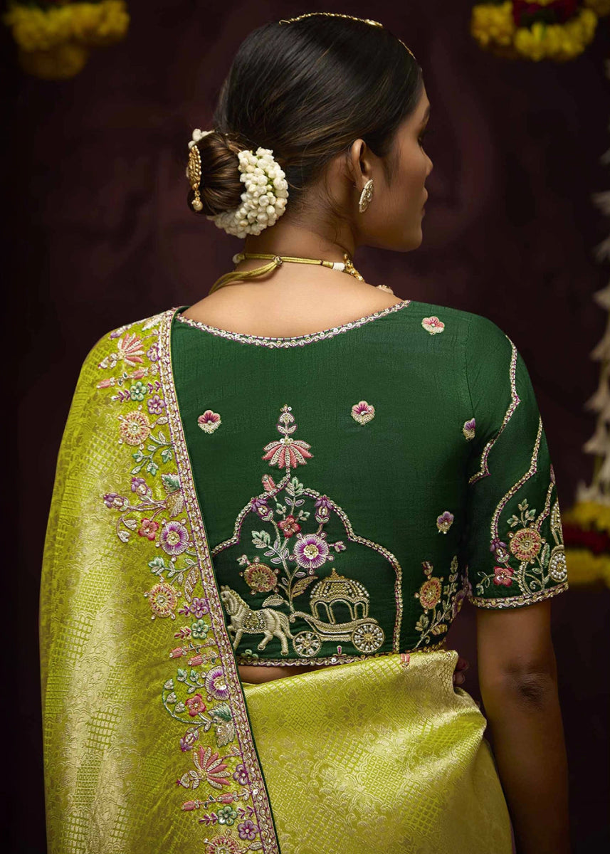 Shades Of Green Kanjivaram Silk Saree with Intricate Zari, Khatli, Sequin & Pearl Embroidery - House of Sarvati LLC
