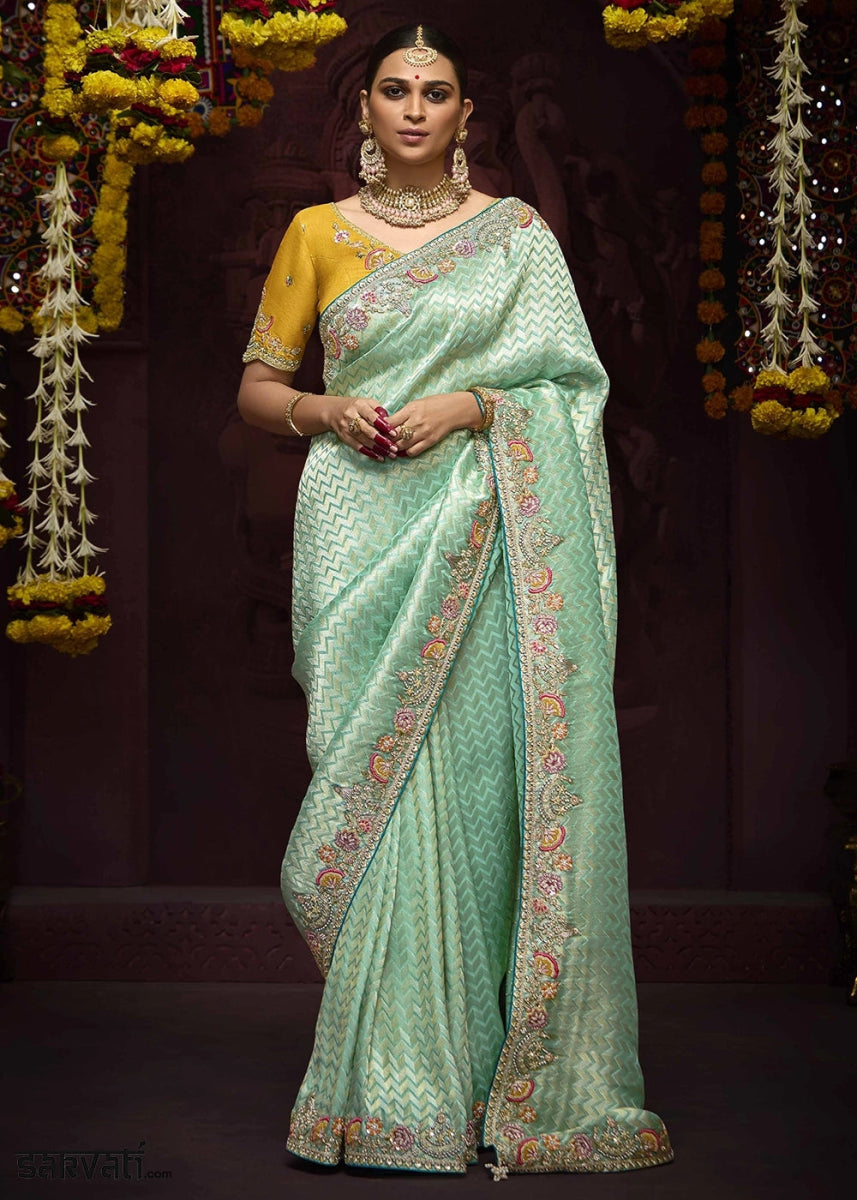 Shades Of Green Kanjivaram Silk Saree with Intricate Zari, Khatli, Sequin & Pearl Embroidery - House of Sarvati LLC