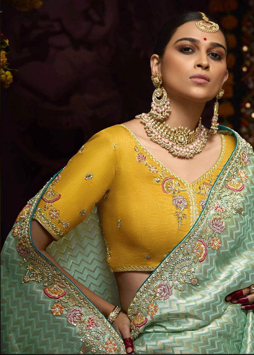 Shades Of Green Kanjivaram Silk Saree with Intricate Zari, Khatli, Sequin & Pearl Embroidery - House of Sarvati LLC