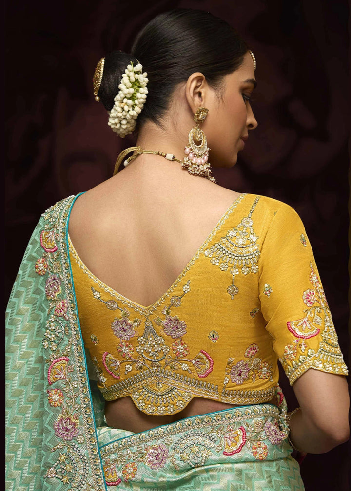 Shades Of Green Kanjivaram Silk Saree with Intricate Zari, Khatli, Sequin & Pearl Embroidery - House of Sarvati LLC
