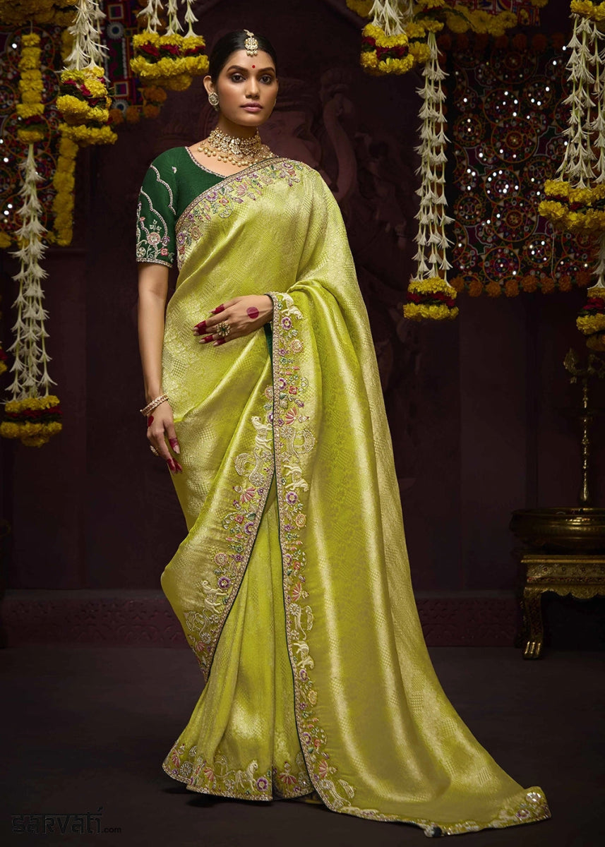 Shades Of Green Kanjivaram Silk Saree with Intricate Zari, Khatli, Sequin & Pearl Embroidery - House of Sarvati LLC