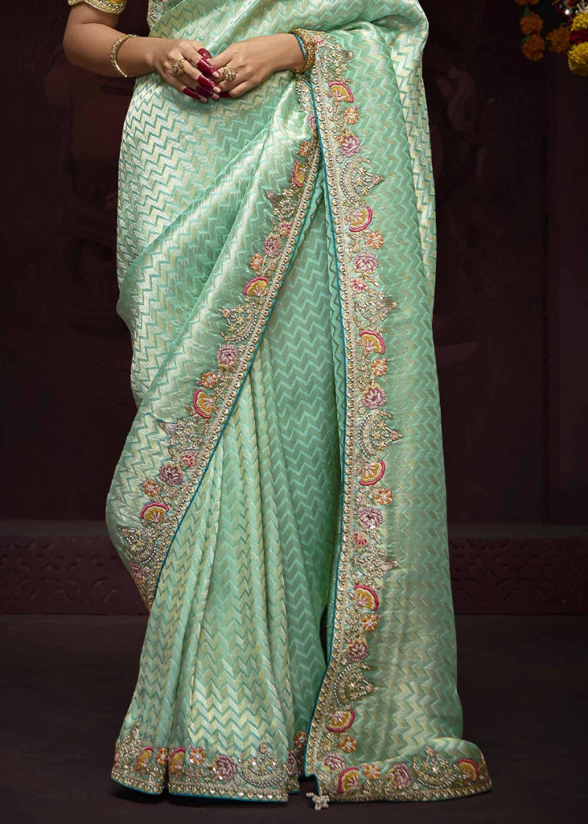 Shades Of Green Kanjivaram Silk Saree with Intricate Zari, Khatli, Sequin & Pearl Embroidery - House of Sarvati LLC