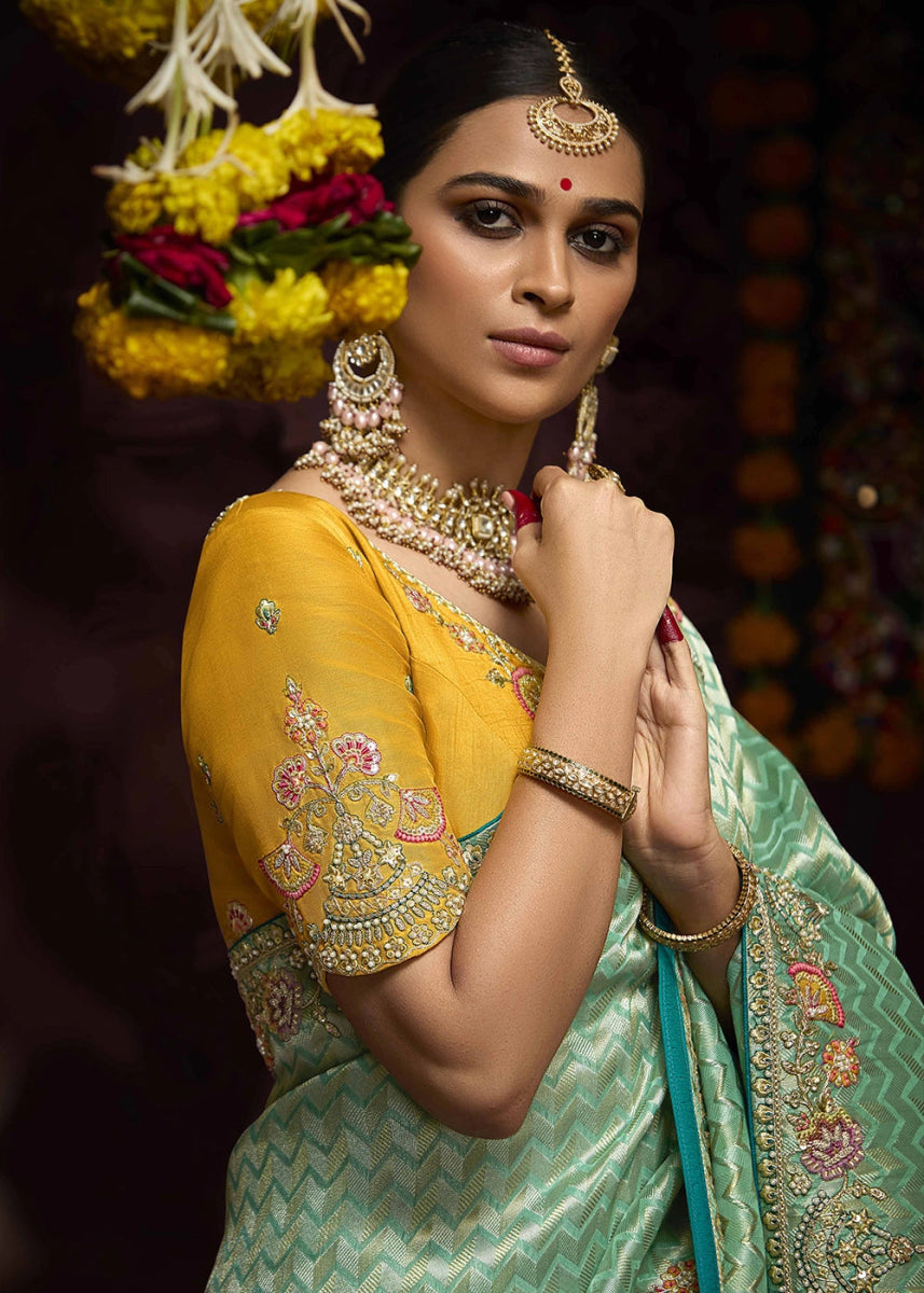 Shades Of Green Kanjivaram Silk Saree with Intricate Zari, Khatli, Sequin & Pearl Embroidery - House of Sarvati LLC