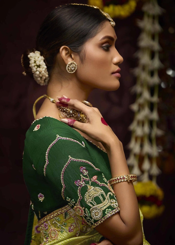 Shades Of Green Kanjivaram Silk Saree with Intricate Zari, Khatli, Sequin & Pearl Embroidery - House of Sarvati LLC