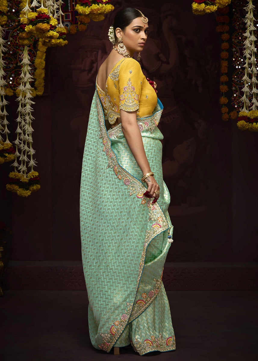 Shades Of Green Kanjivaram Silk Saree with Intricate Zari, Khatli, Sequin & Pearl Embroidery - House of Sarvati LLC