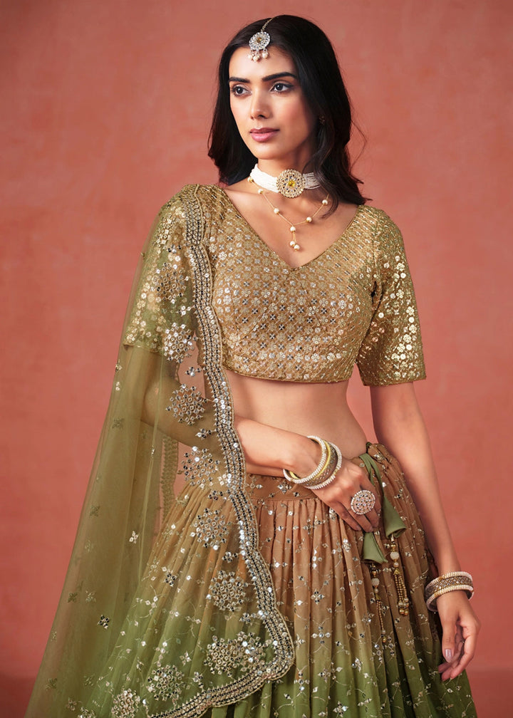 Shades Of Green Lehenga Choli in Georgette with Sequin Zari Work - House of Sarvati LLC