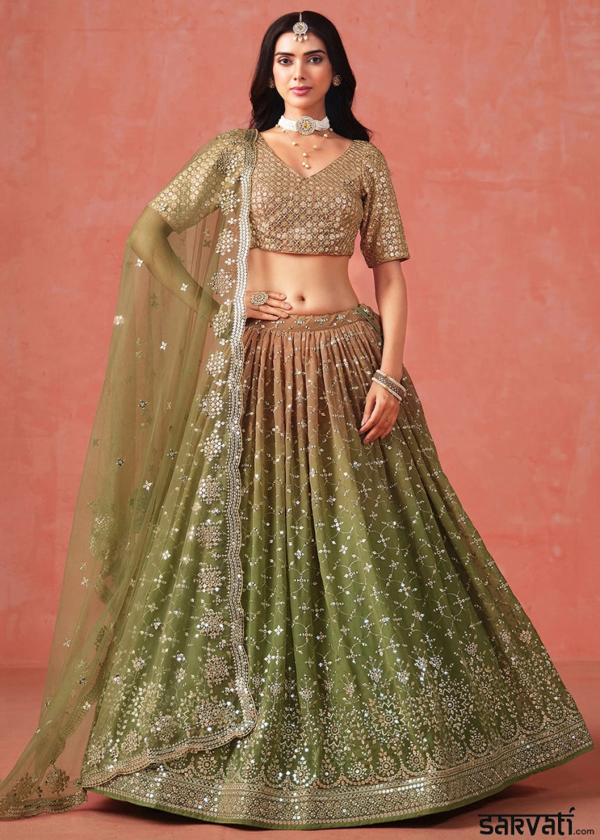 Shades Of Green Lehenga Choli in Georgette with Sequin Zari Work - House of Sarvati LLC