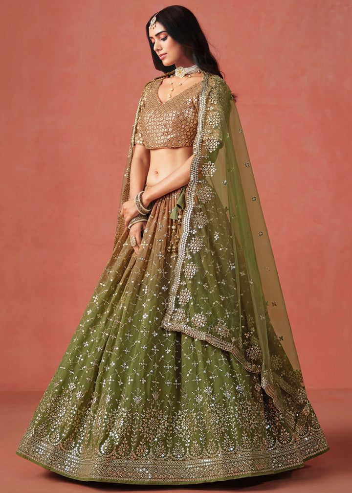 Shades Of Green Lehenga Choli in Georgette with Sequin Zari Work - House of Sarvati LLC