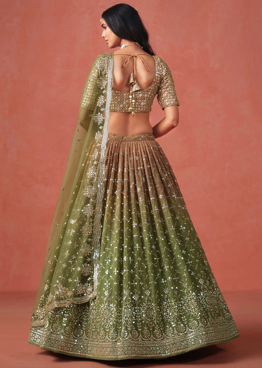 Shades Of Green Lehenga Choli in Georgette with Sequin Zari Work - House of Sarvati LLC