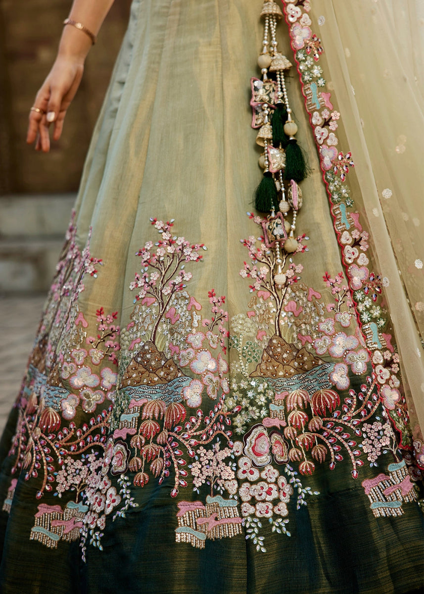 Shades Of Green Net Indian Lehenga Choli with Zarkan, Coding & Sequin Detailing - House of Sarvati LLC