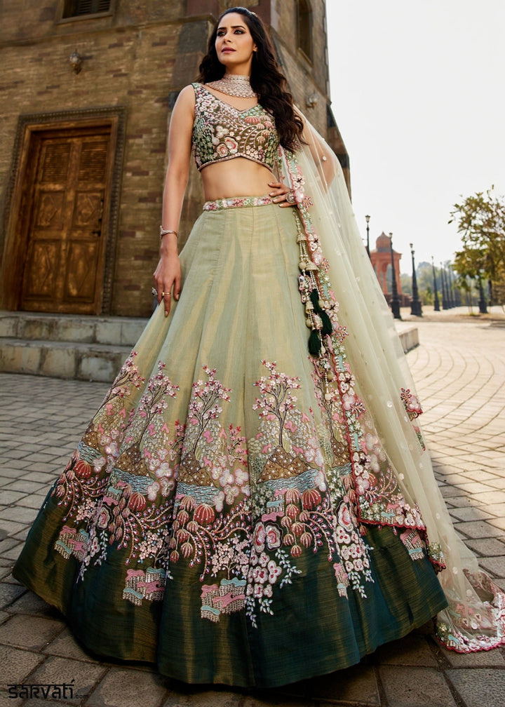 Shades Of Green Net Indian Lehenga Choli with Zarkan, Coding & Sequin Detailing - House of Sarvati LLC