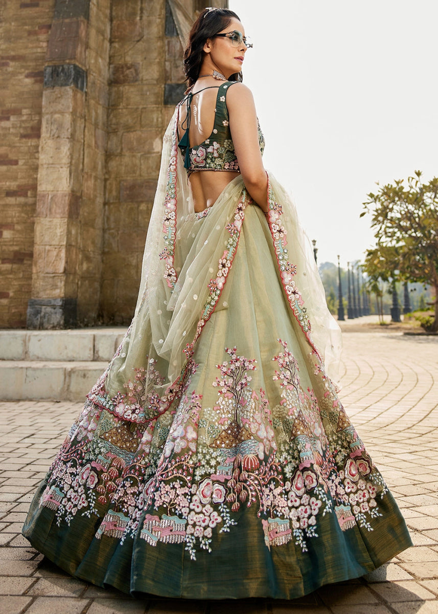 Shades Of Green Net Indian Lehenga Choli with Zarkan, Coding & Sequin Detailing - House of Sarvati LLC