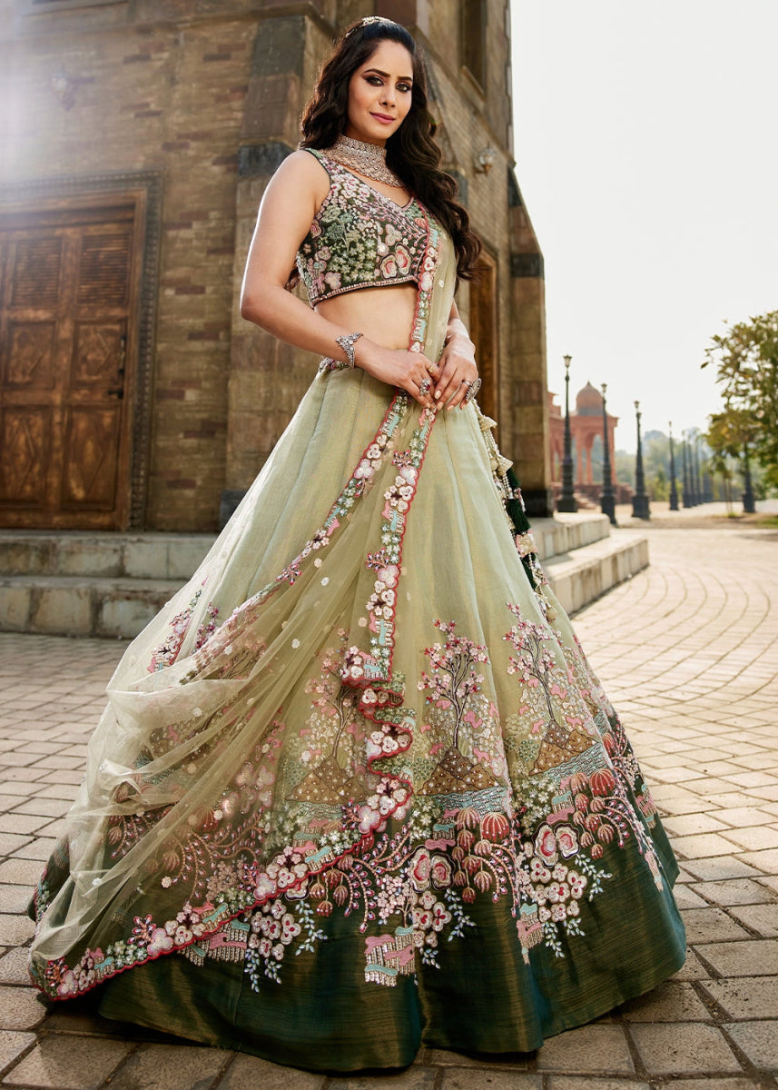 Shades Of Green Net Indian Lehenga Choli with Zarkan, Coding & Sequin Detailing - House of Sarvati LLC